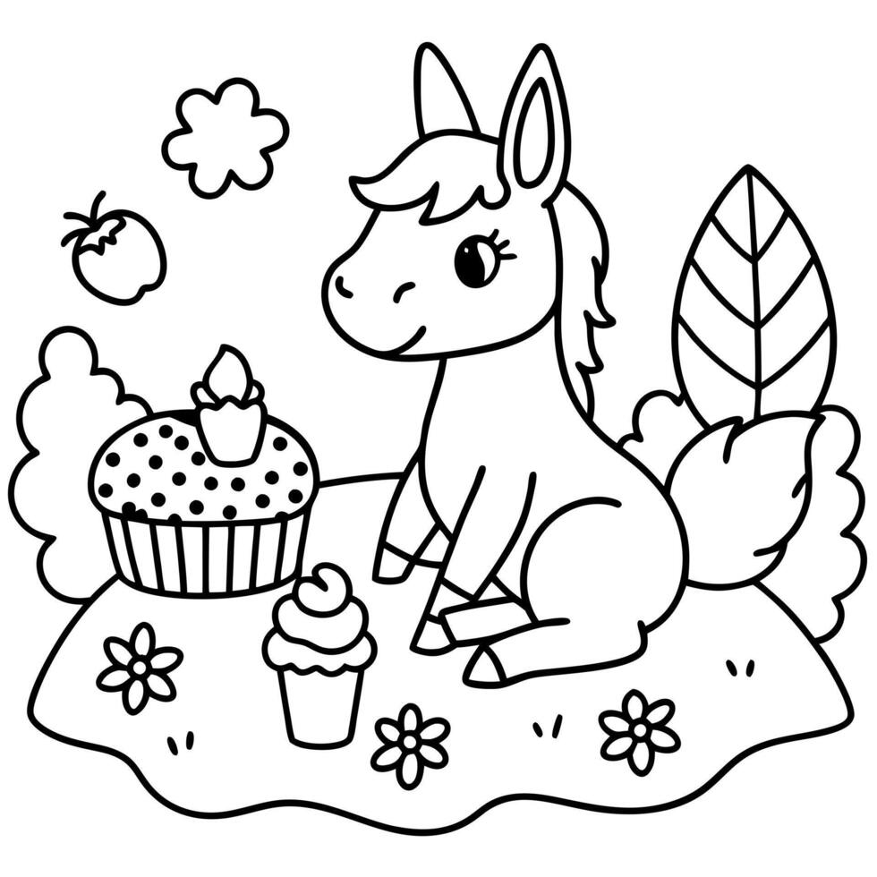 A horse coloring page with a cupcake vector