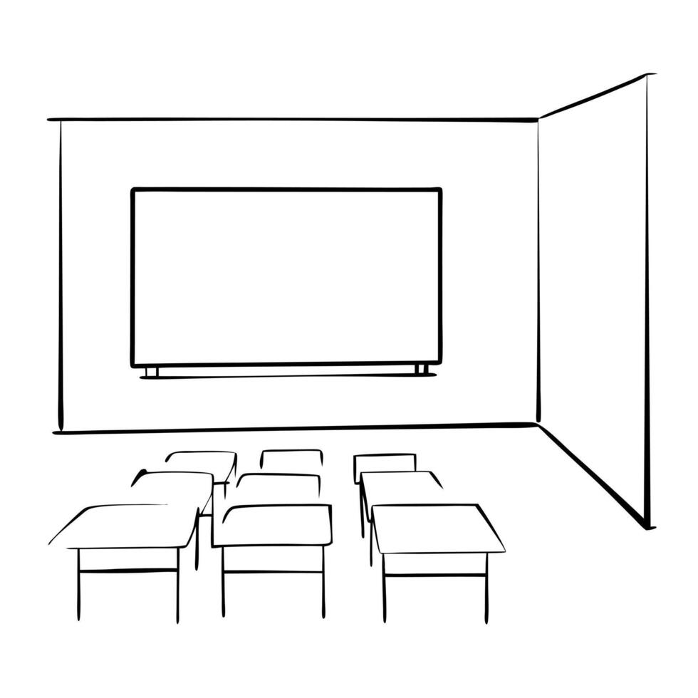 A drawing of a classroom with chairs and a projector vector