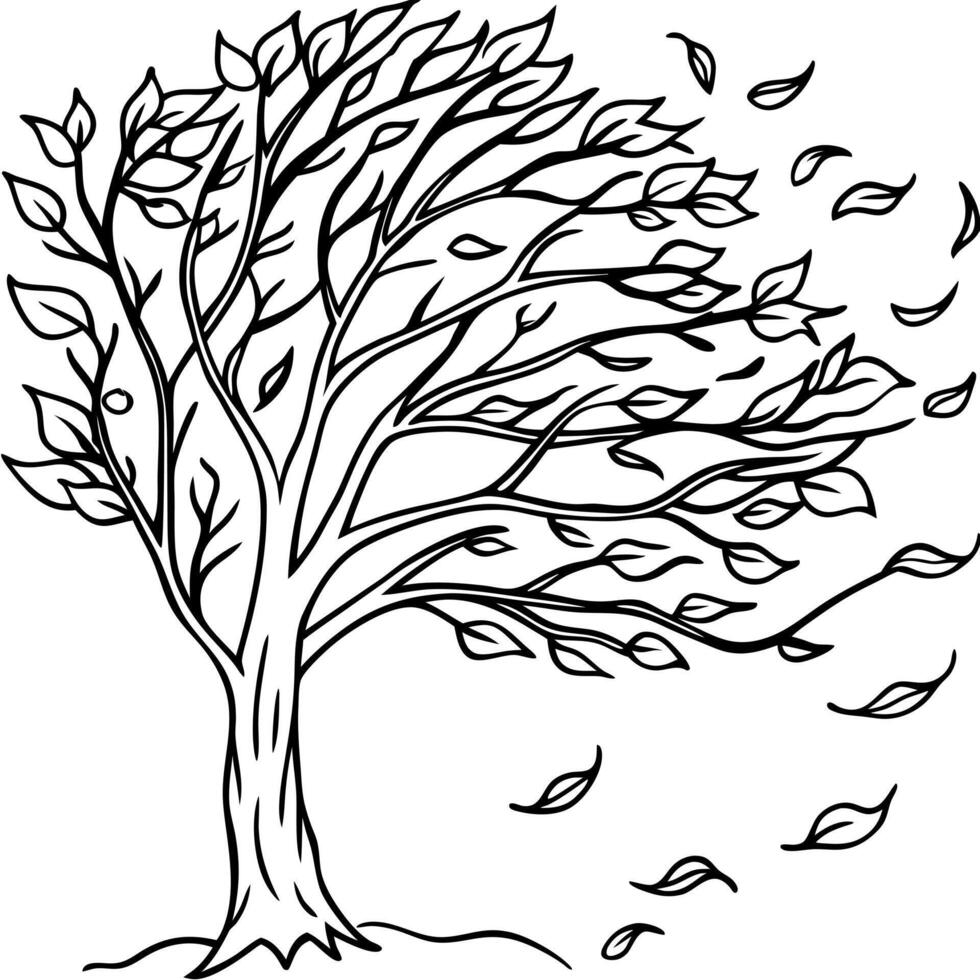 A tree with leaves blowing in the wind coloring page vector