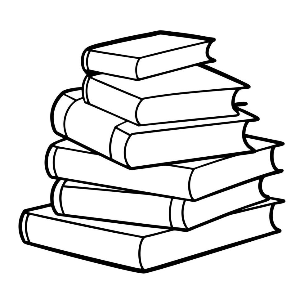 A stack of books is shown in black and white vector