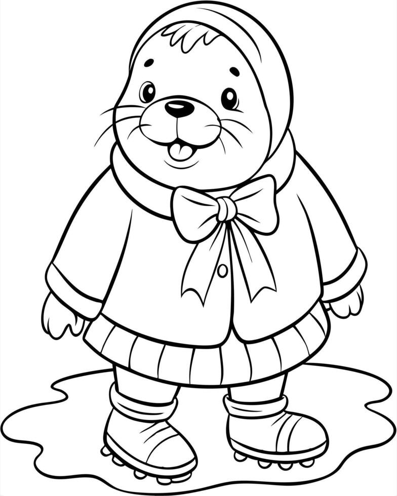 A cartoon bear in winter clothes coloring pages vector
