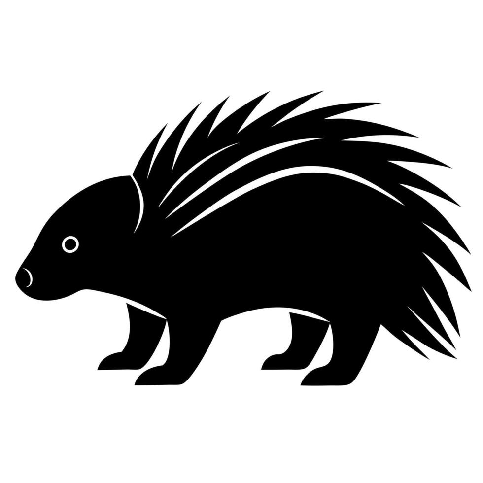 black porcupine silhouette illustration, solid white background, illustration line vector