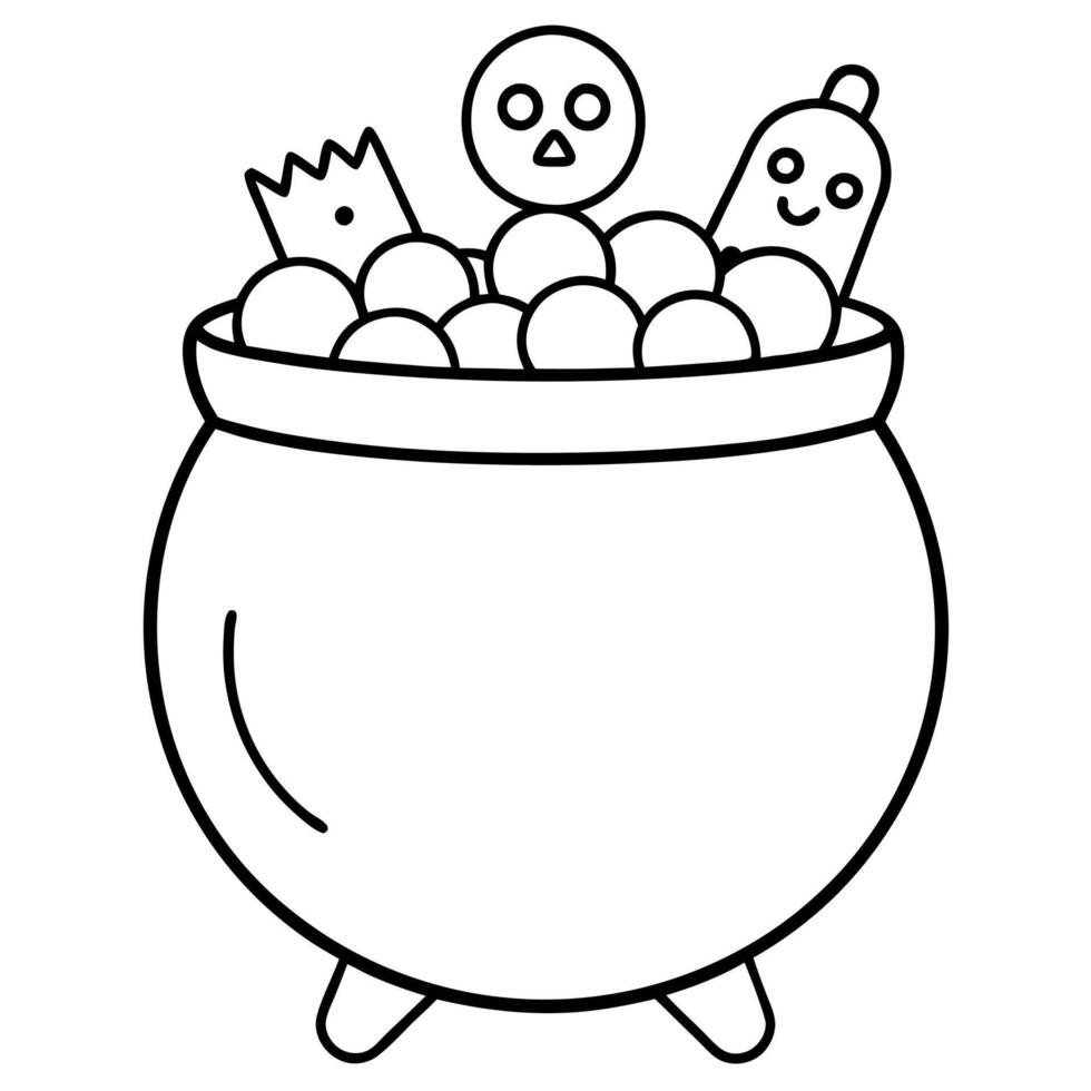 A halloween coloring page with a pot of candy vector