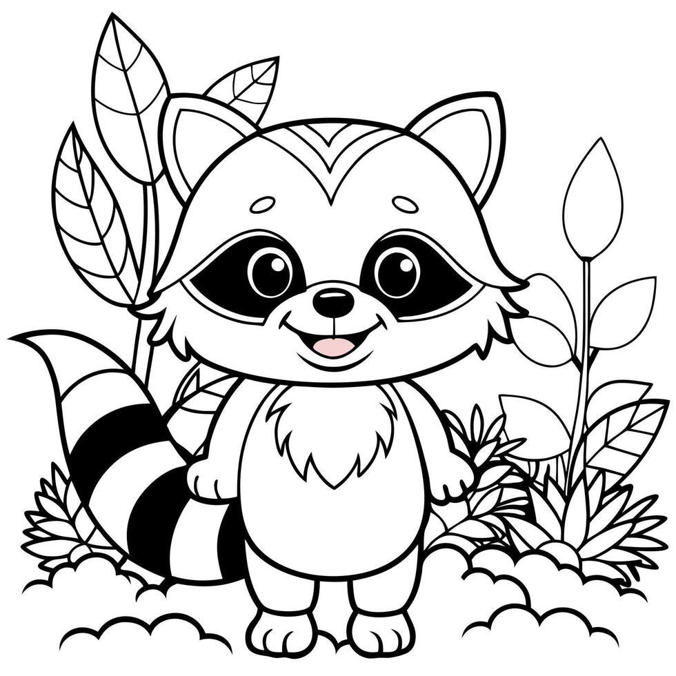 A cute raccoon in the forest coloring pages vector