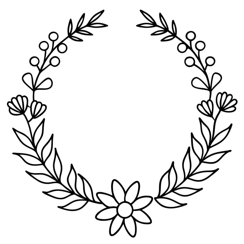 A black and white drawing of a wreath with flowers vector