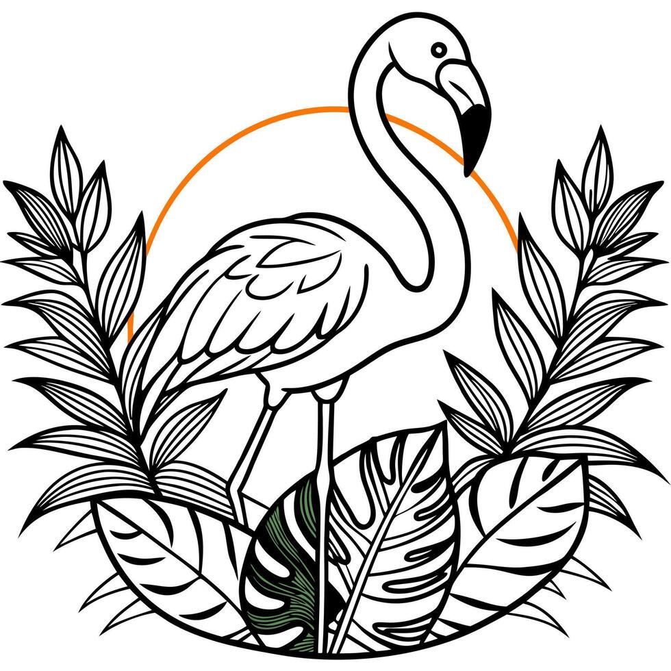 A flamingo with leaves and sun in the background vector