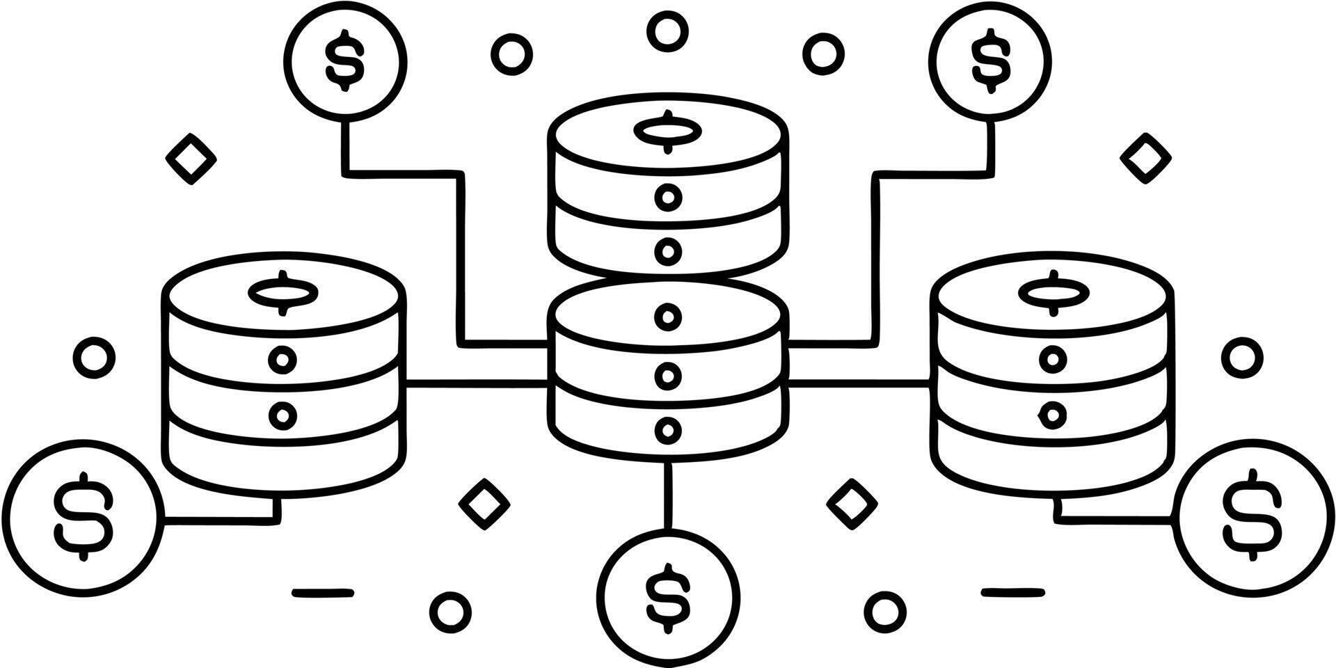 a visual of a large data warehouse or database icon with dollar signs or currency symbols floating vector
