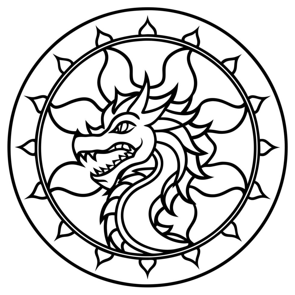 A black and white drawing of a dragon in the center of a circle vector