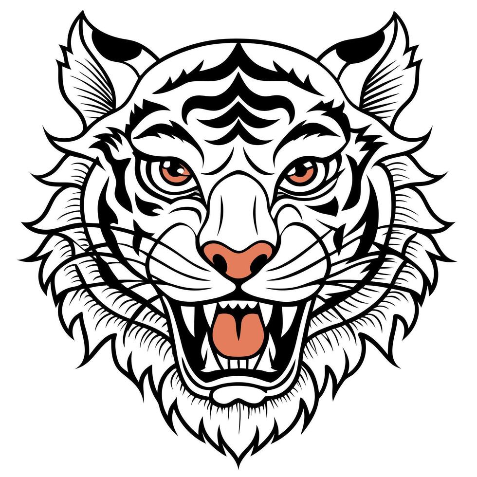 tiger head japanese tattoo style, bold line, detail line, simplify color, sharp line, full body, 3d vector