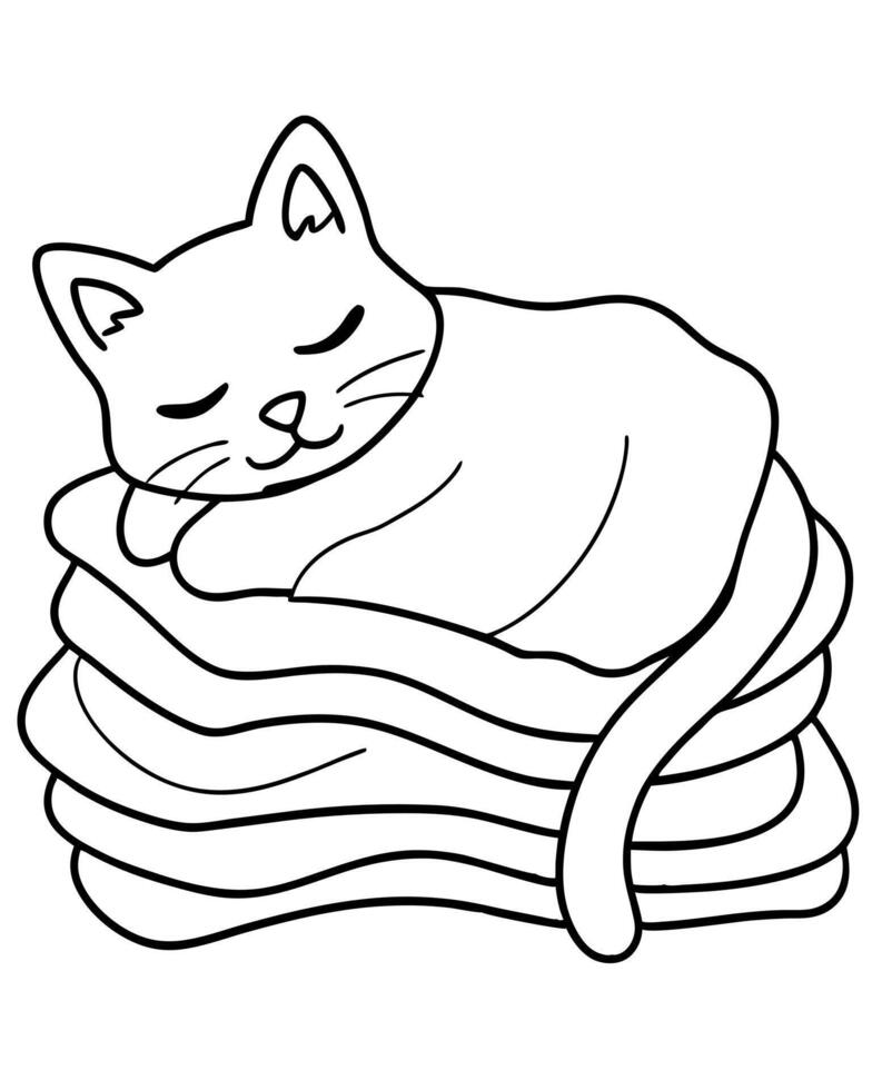 A cat sleeping on a pile of laundry coloring page vector