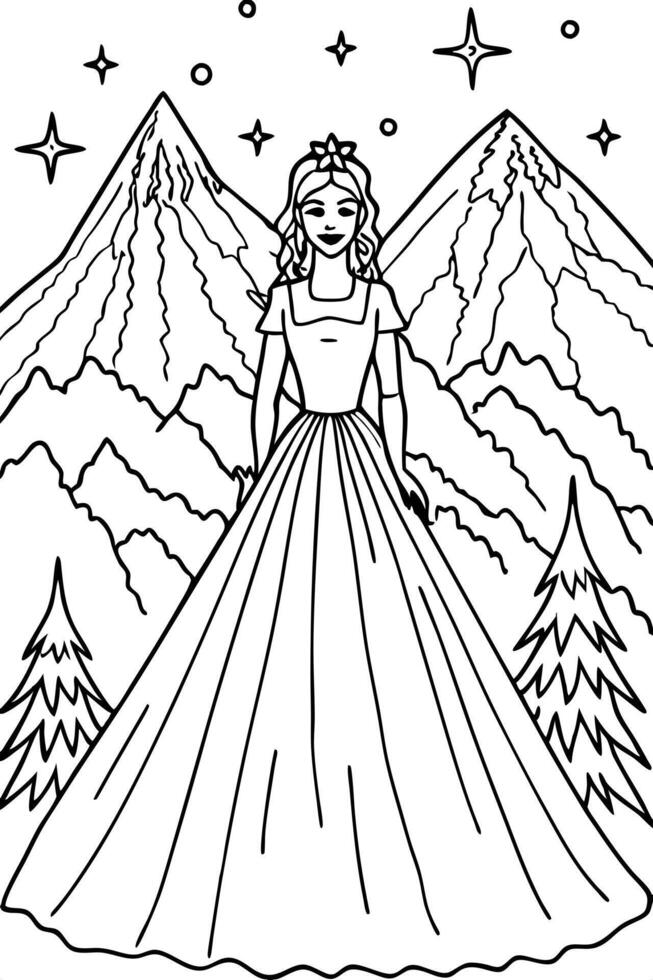 A princess in a dress standing in the mountains coloring page vector