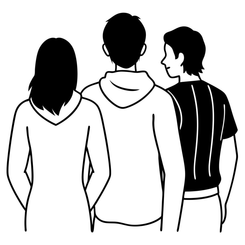 Three people standing together in a black and white drawing vector
