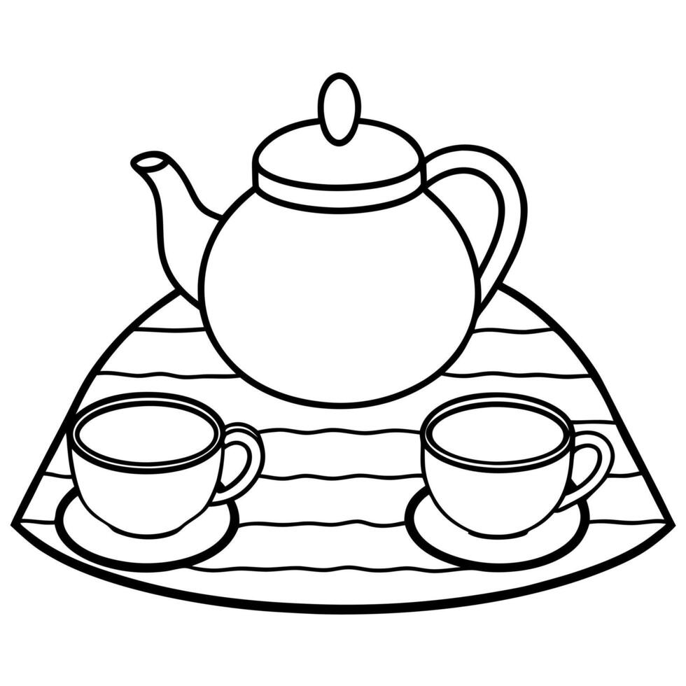Tea set with two cups on a table coloring page vector