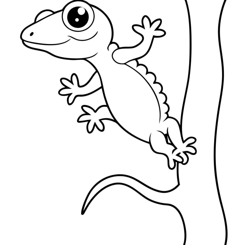 a giant gecko clinging to a tree, with a wide, flat body and large eyes, illustration line vector