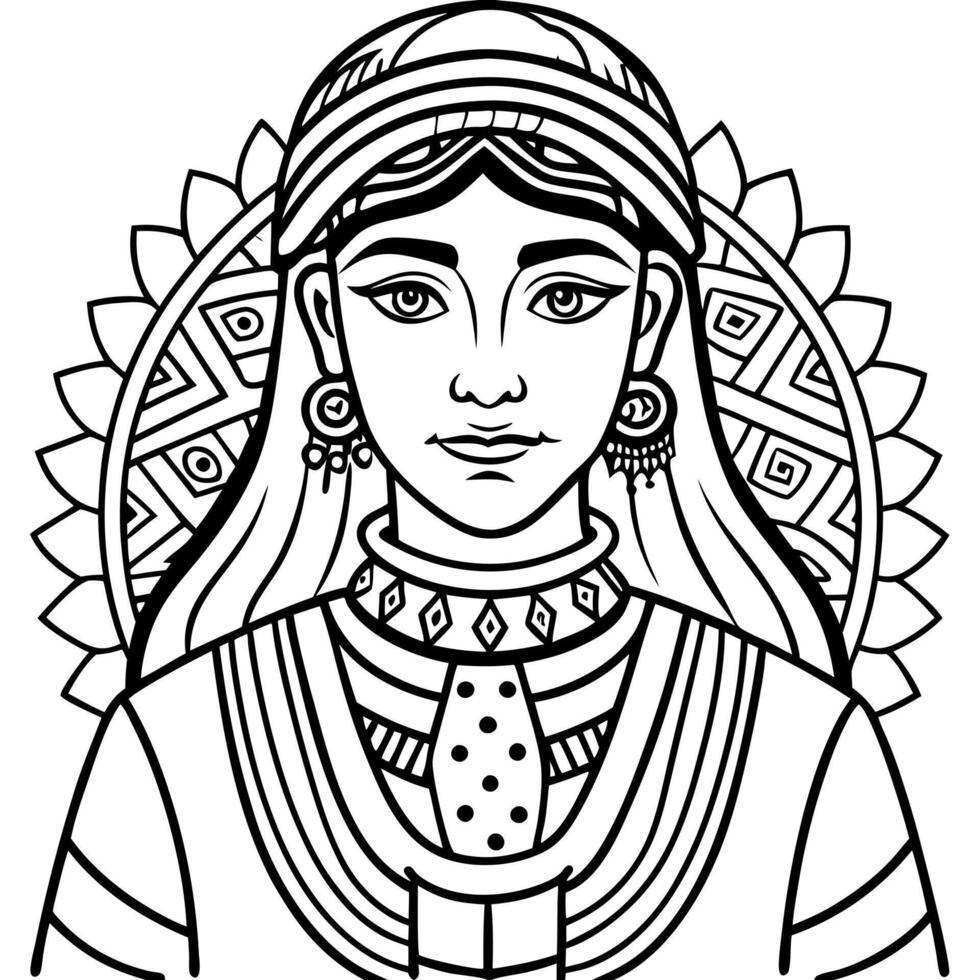 The woman in the traditional dress is shown in a black and white drawing vector