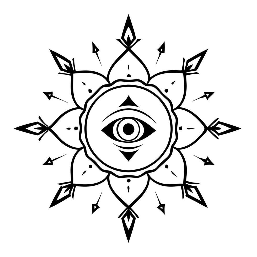 A black and white drawing of an eye in the center of a sun vector