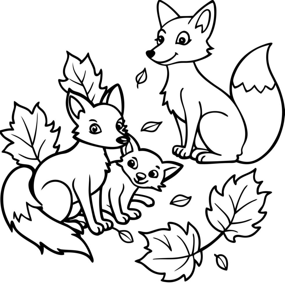 A fox and two kittens coloring page vector