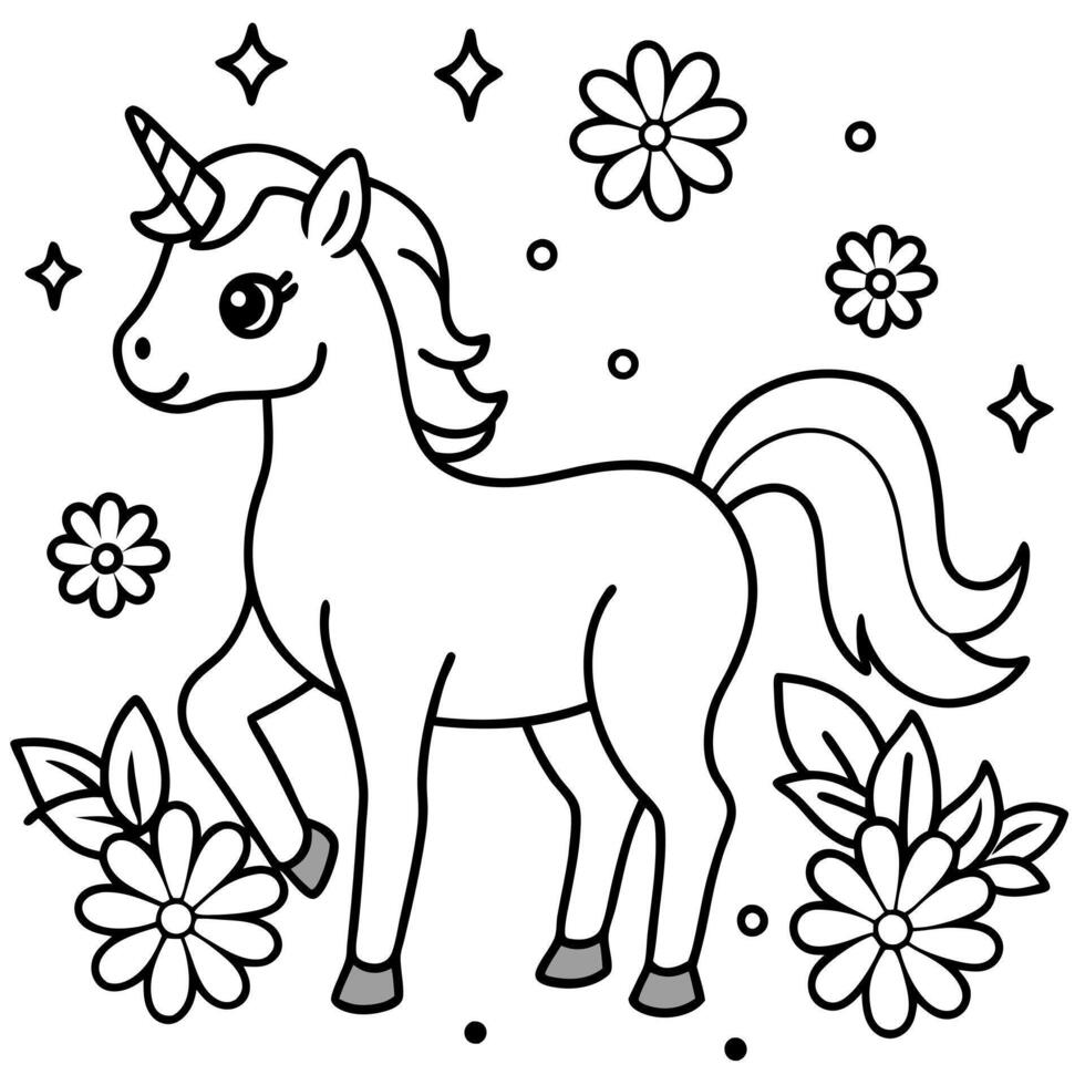 A unicorn coloring page with flowers vector