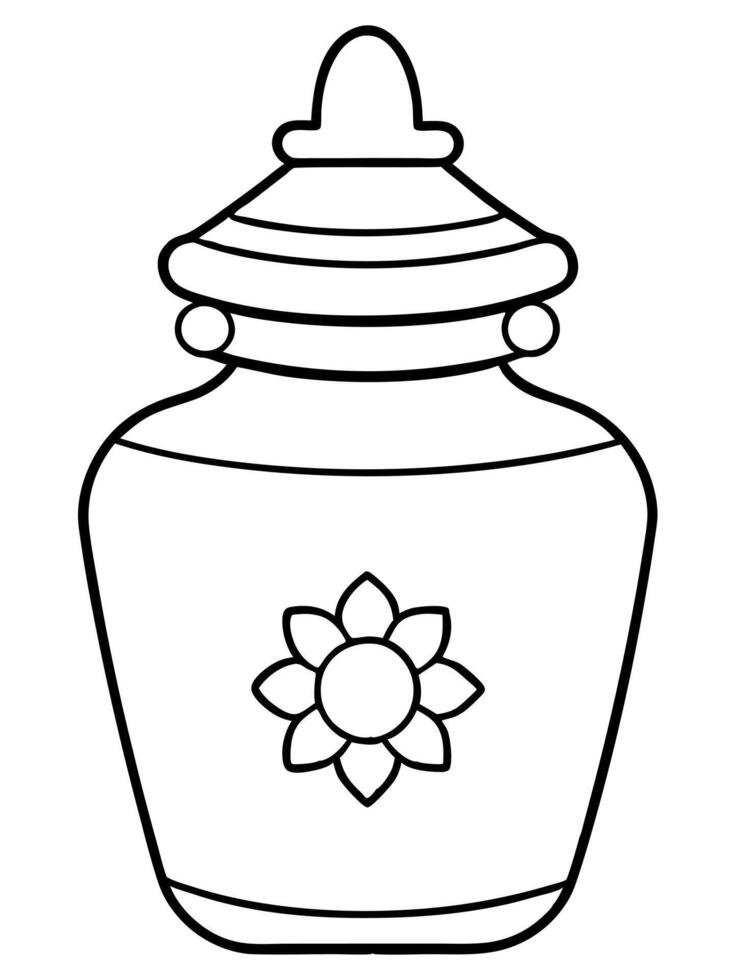 A black and white drawing of a jar with a flower on it vector