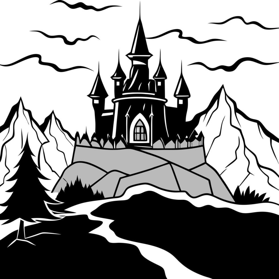 A castle in the mountains with a black and white background vector