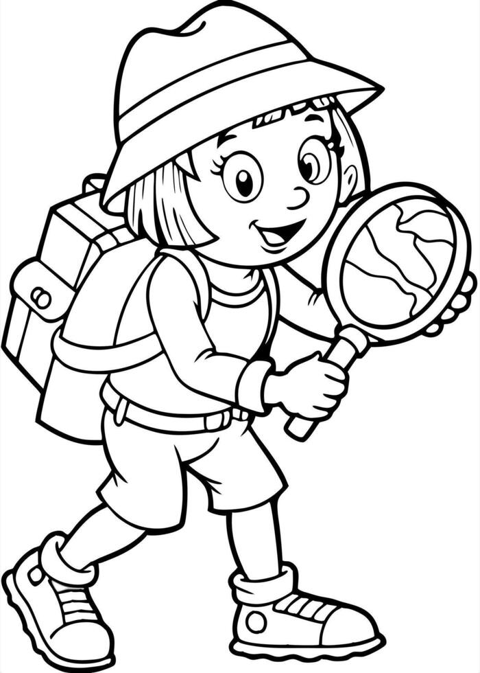 Coloring pages for kids with a girl holding a magnifying glass vector