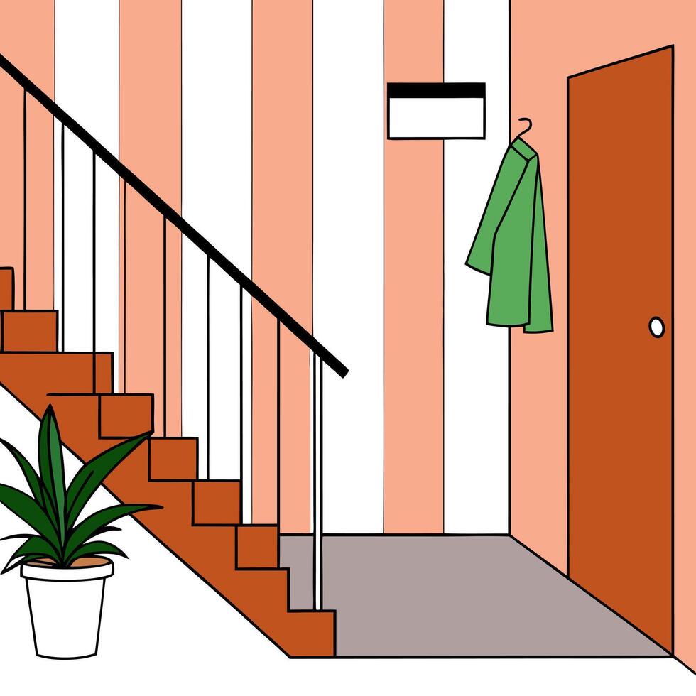 A drawing of a hallway with a coat rack and a plant vector