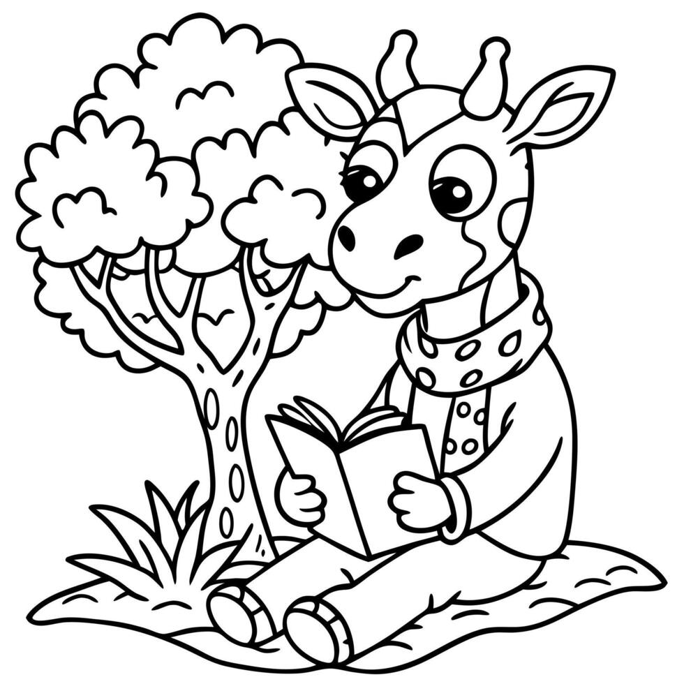 Coloring pages for kids with giraffe reading a book vector