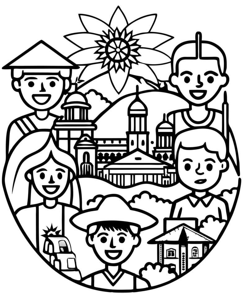 A coloring page with a picture of people and buildings vector