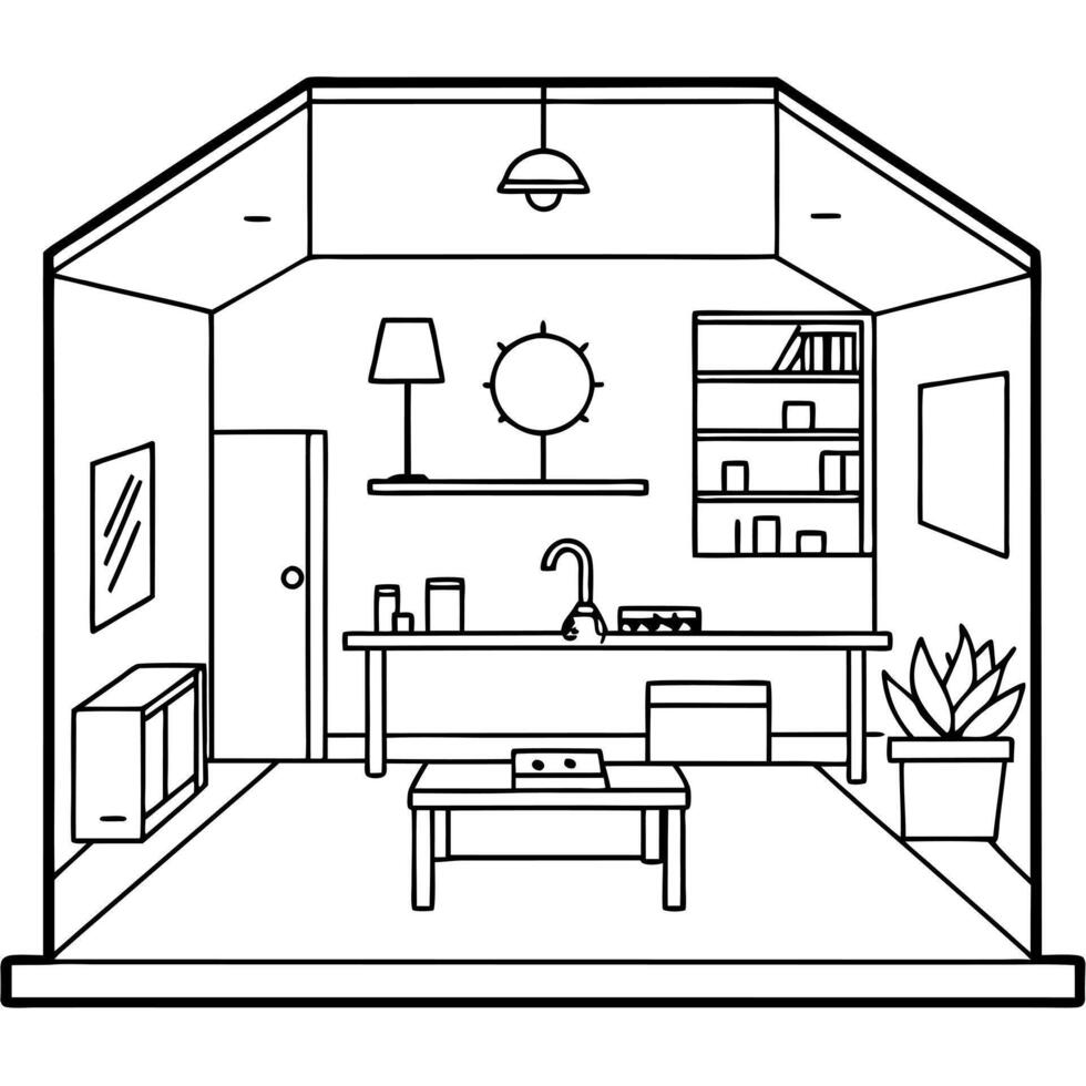 A drawing of a living room with furniture vector