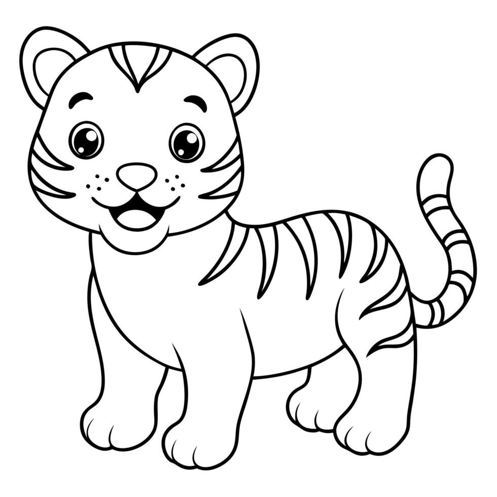 baby tiger outline illustration, smiling and happy on a white background, illustration line vector