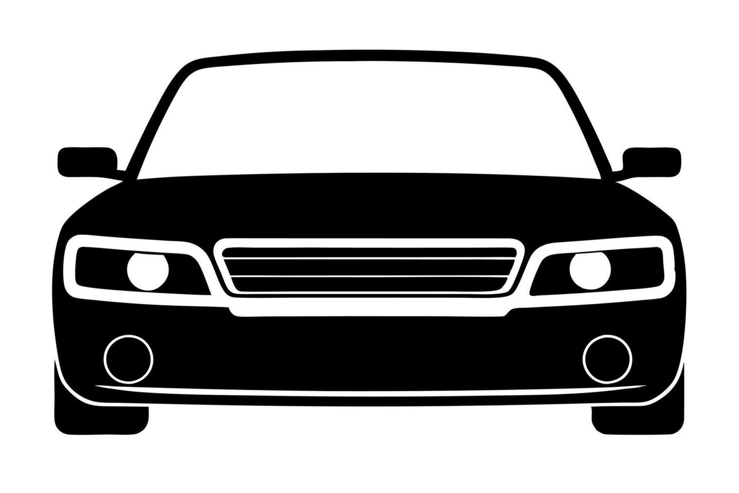 a black and white silhouette of a car, front view, with headlights and a windshield the car is vector
