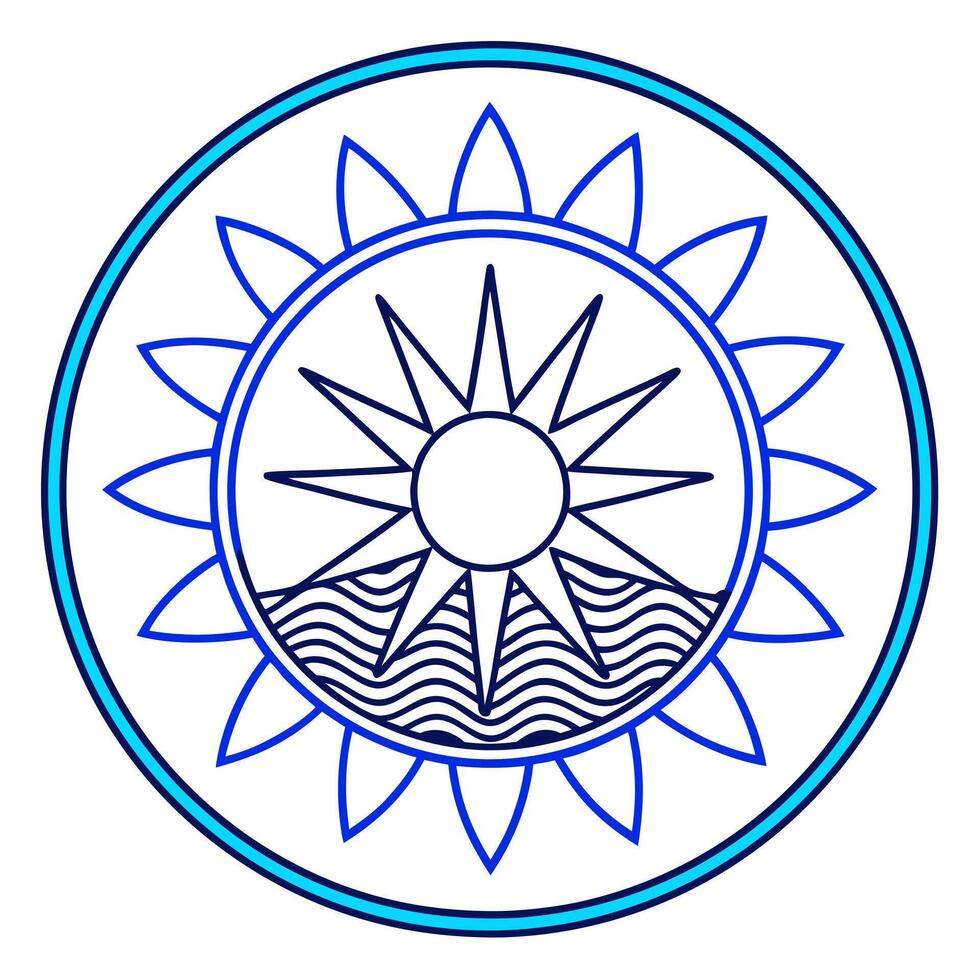 A blue and white circular logo with a sun and waves vector