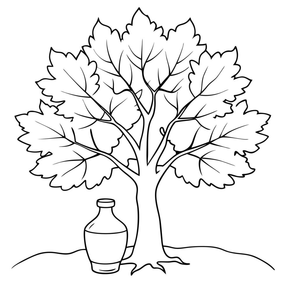 A tree with leaves and a bottle coloring page vector