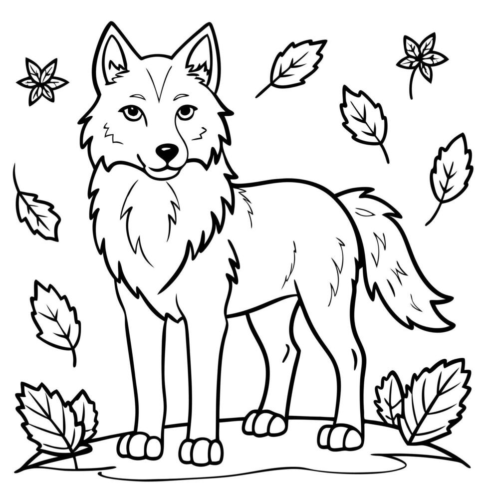 A wolf coloring page with leaves vector
