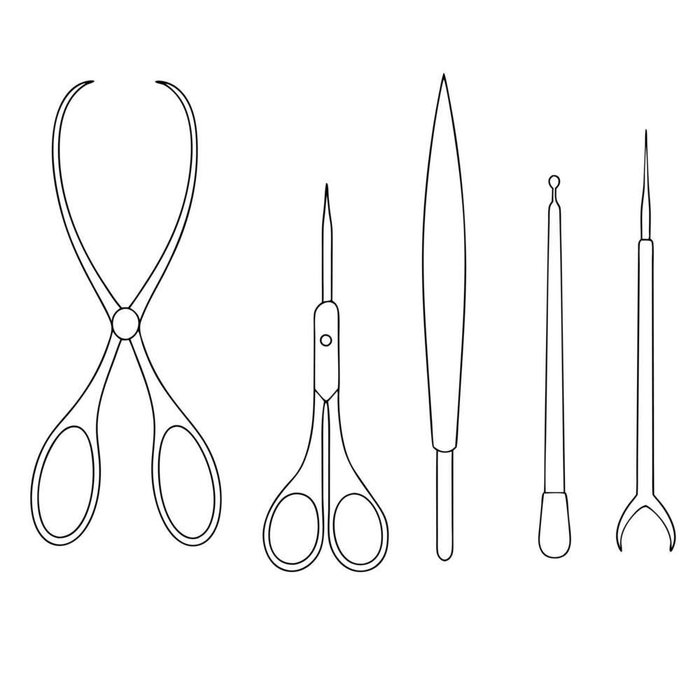 surgical tools scalpel, scissors, forceps, illustration line art vector