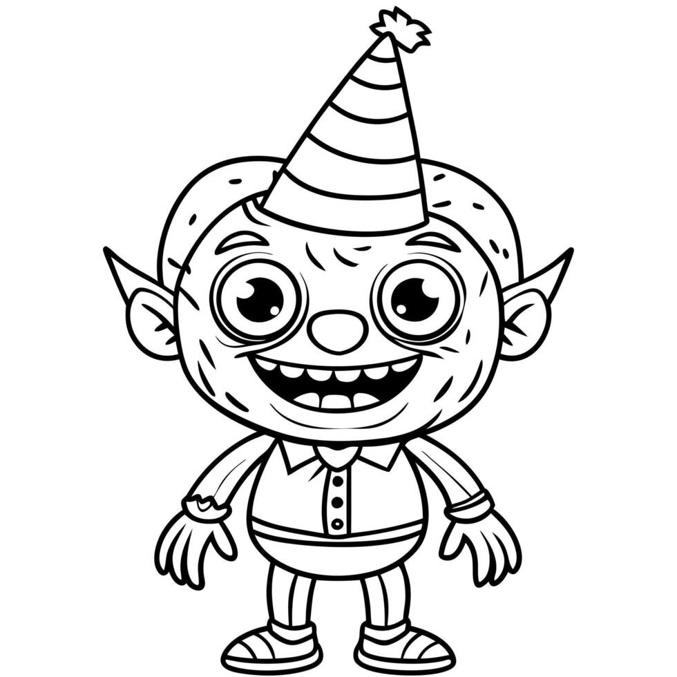 a cute zombie with a party hat, illustration line art vector