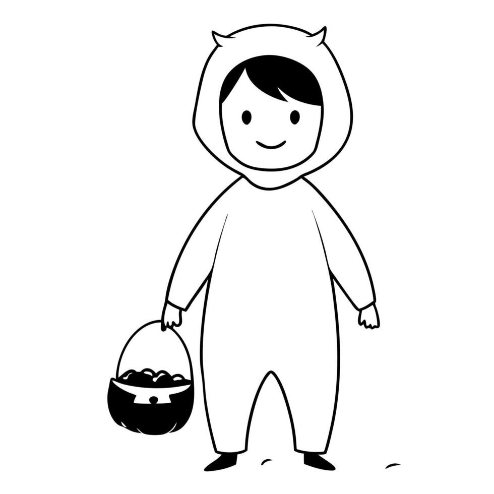 A cartoon boy in a costume holding a basket of candy vector