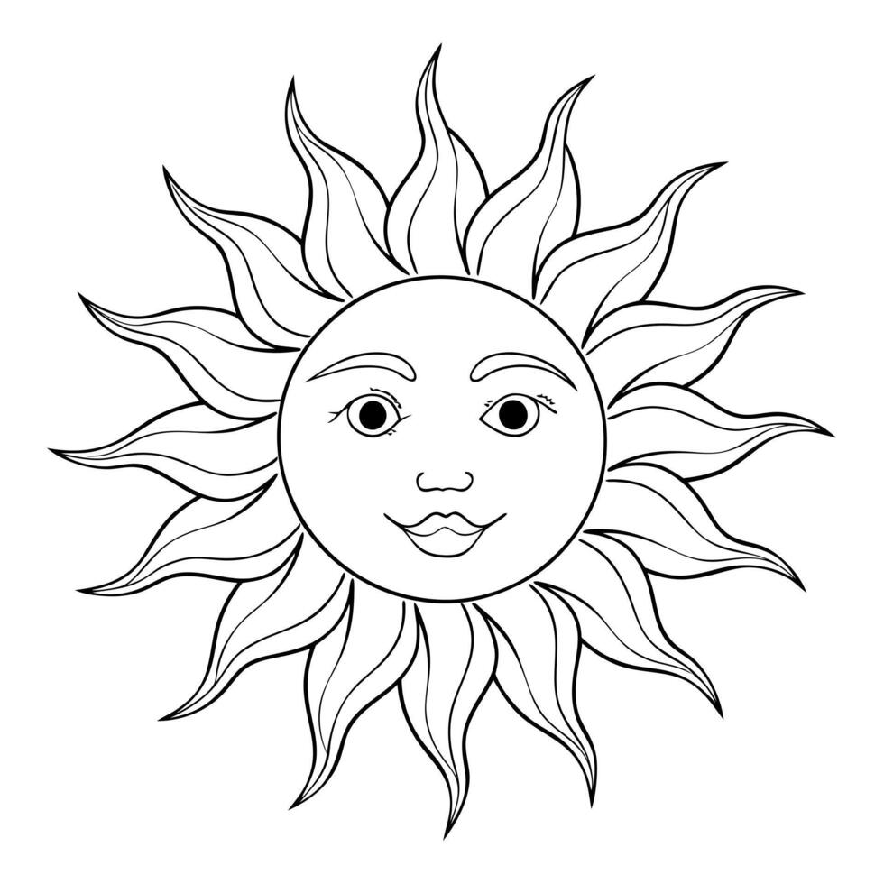 A sun with a face and a smile coloring page vector
