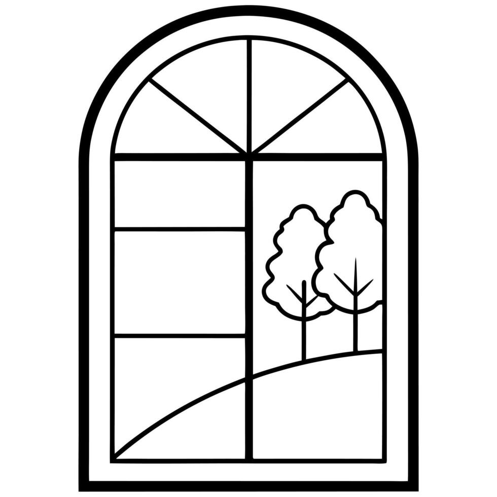 A black and white drawing of a window with trees vector