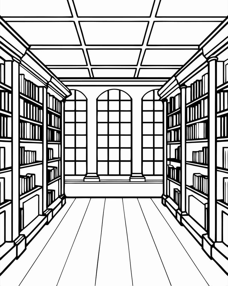 An outline of a library with bookshelves vector