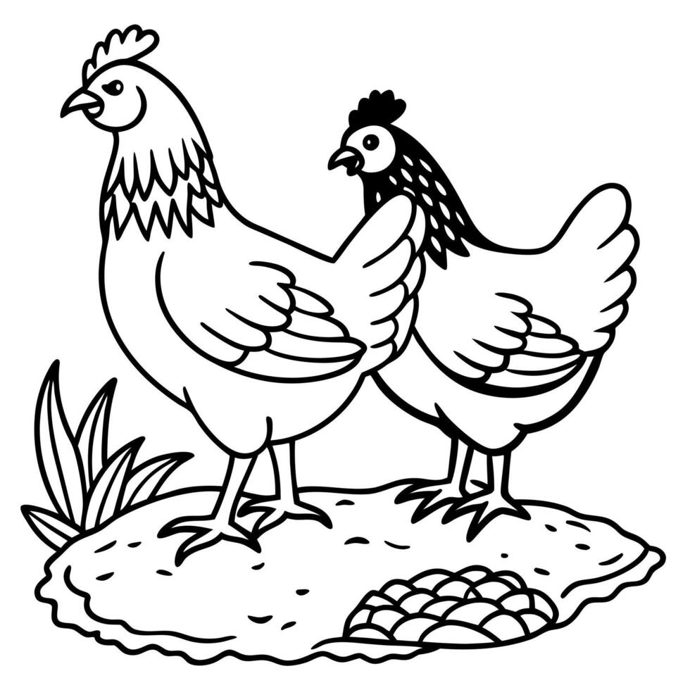 Two chickens standing on a rock coloring page vector