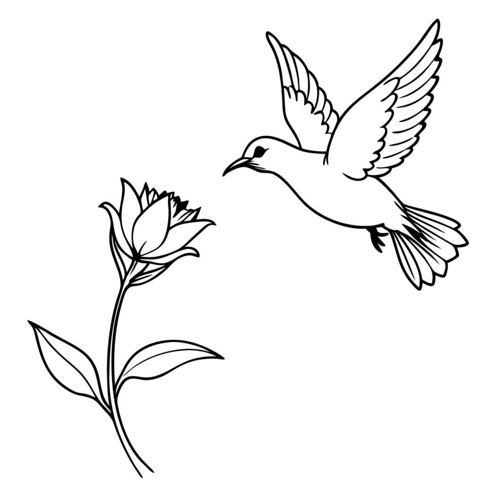 A bird flying over a flower coloring page vector