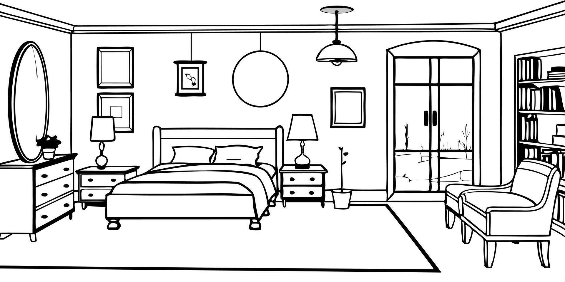 A drawing of a bedroom with furniture vector
