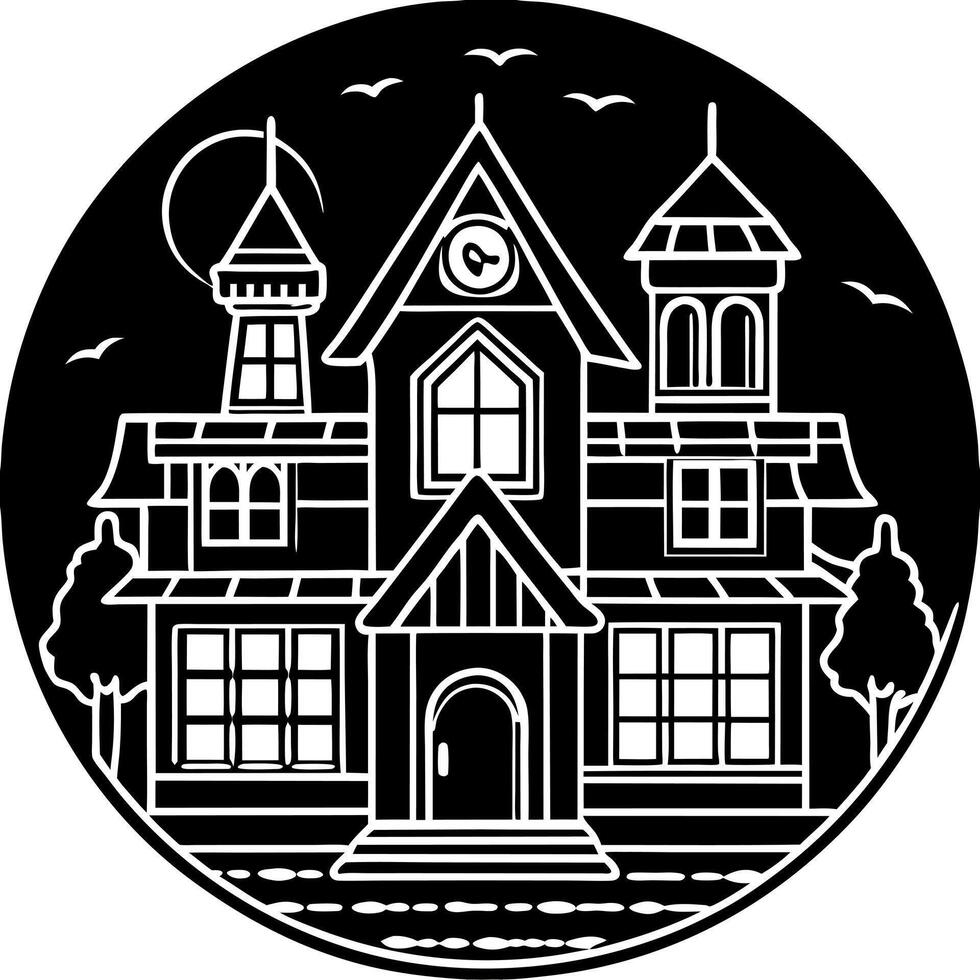 A black and white illustration of a house with a clock on it vector