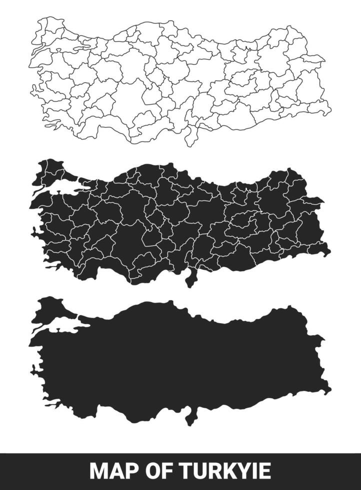 Black map of Turkiye flat and outline style illustration set vector