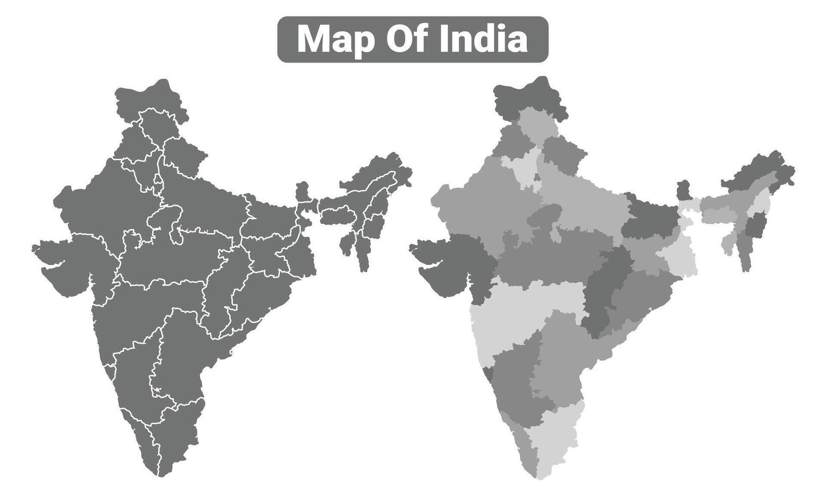 Greyscale India political map with borders of region illustration set vector