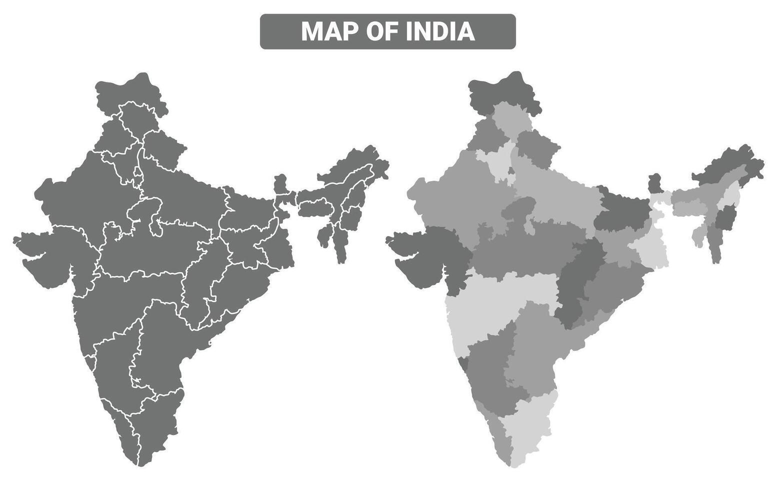 Greyscale India political map with borders of region illustration set vector