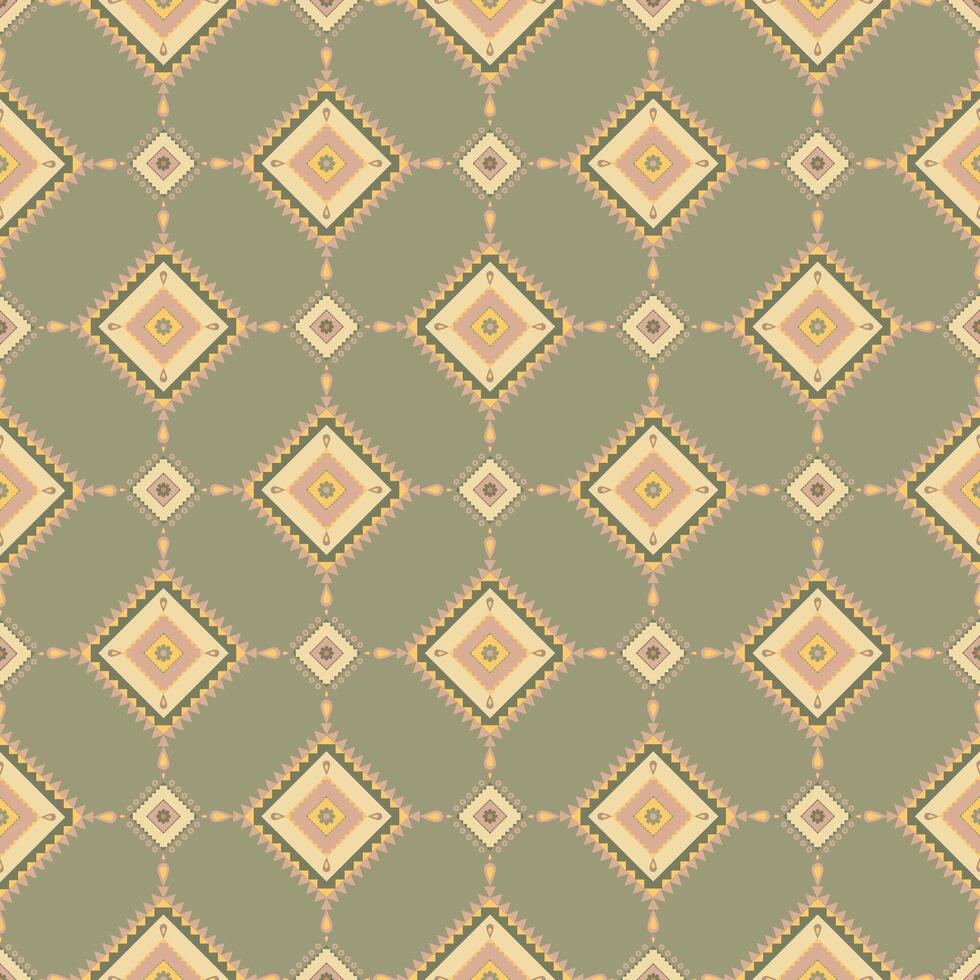 Seamless Ethnic Geometric Pattern with Large Diamond Shapes and Intricate Triangular Motifs in Muted Earth Tones, Featuring Symmetrical Borders and Repetitive Floral Accents vector