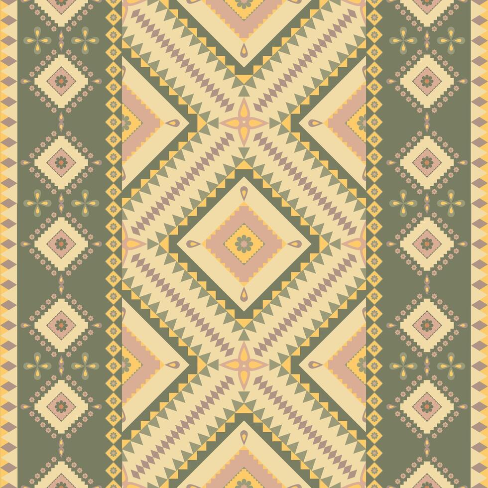 Seamless Ethnic Geometric Pattern with Large Diamond Shapes and Intricate Triangular Motifs in Muted Earth Tones, Featuring Symmetrical Borders and Repetitive Floral Accents vector