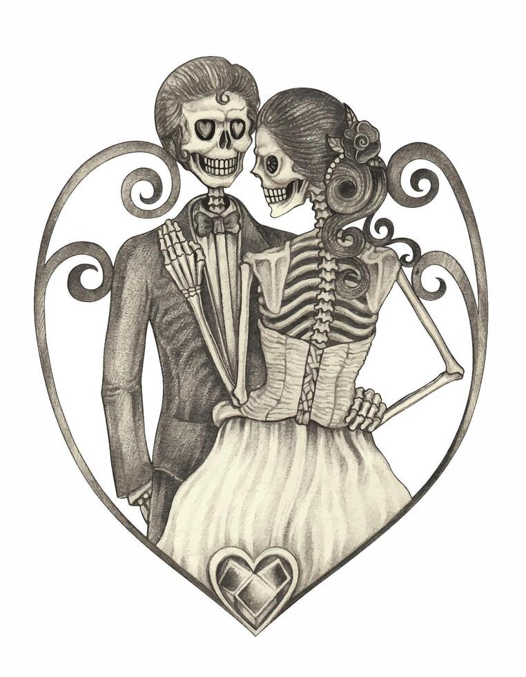 Couple wedding skull day of the dead design by hand drawing on paper and make graphic . vector